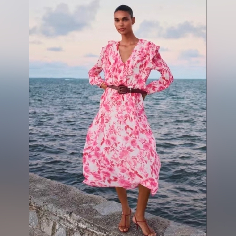 Zara Woman Pink Floral Ruffle Printed Midi Dress NO BELT Size Medium Price Firm